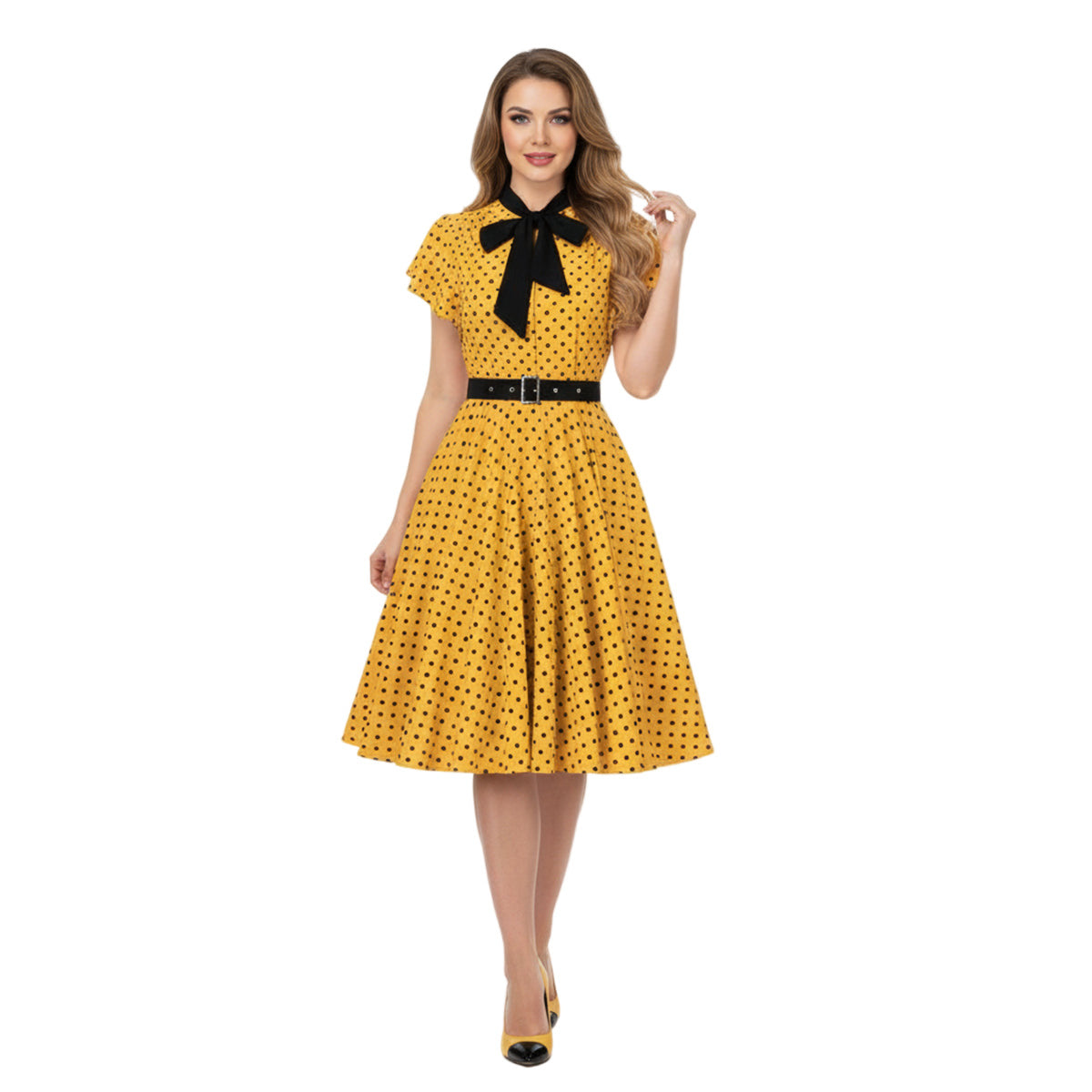 Women's 1950s Polka Dot Bow Tie Neck Short Sleeve A-Line Rockabilly Dress