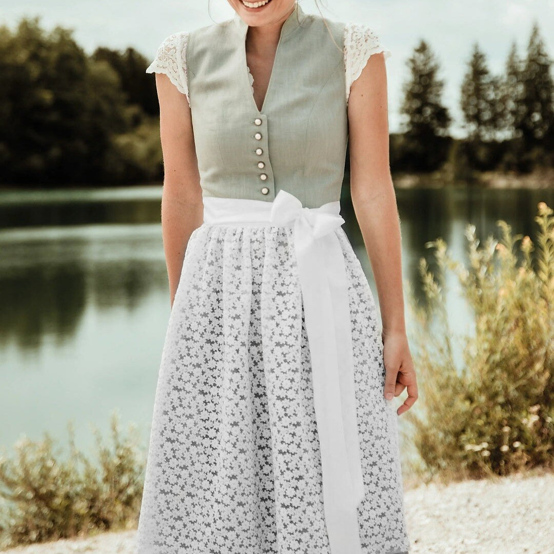 Oktoberfest Green Elegant Dirndl Dress with Floral Lace Apron