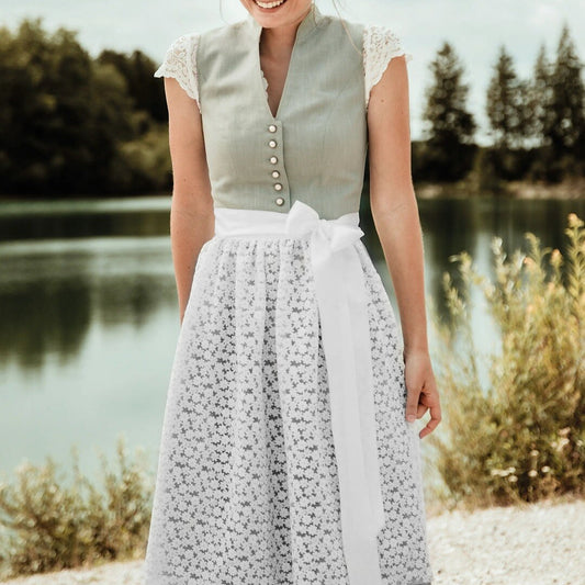 Oktoberfest Green Elegant Dirndl Dress with Floral Lace Apron