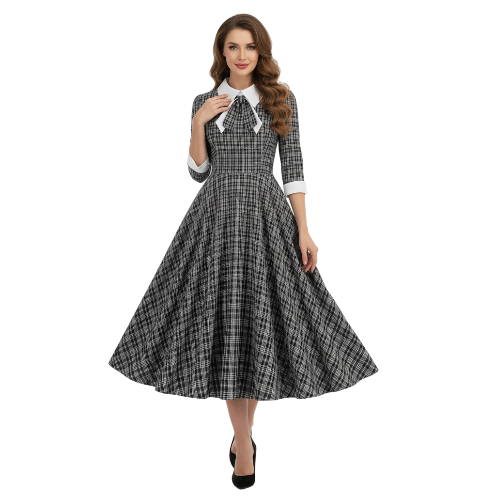 Women's 1950s Plaid Checkered Long Sleeve Swing Dress