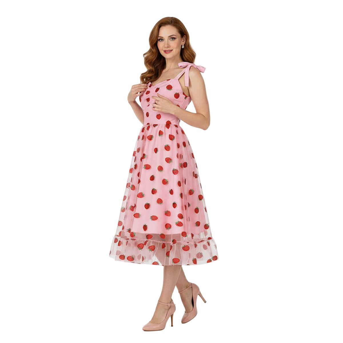 Women's 1950s Pink Strawberry Print Tie Strap Sweetheart Neck A-Line Dress