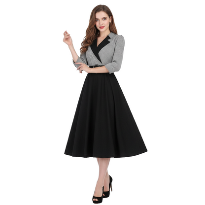 Women's 1950s Plaid Checkered Patchwork Lapel Collar Long Sleeve Swing Dress