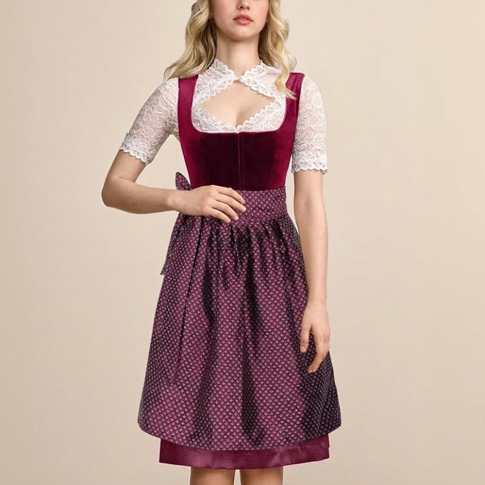 Oktoberfest Burgundy Traditional Dirndl Dress with Apron