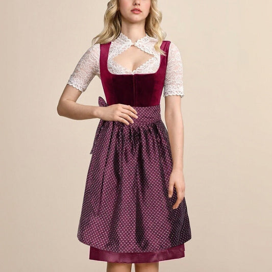 Oktoberfest Burgundy Traditional Dirndl Dress with Apron