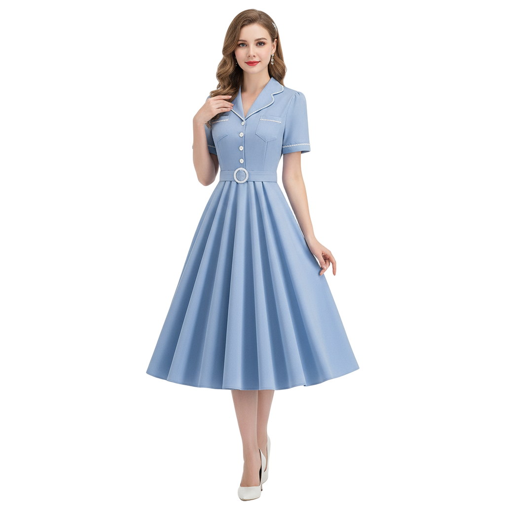 Women's 1950s Solid Blue Lapel Collar Short Sleeve Swing Dress