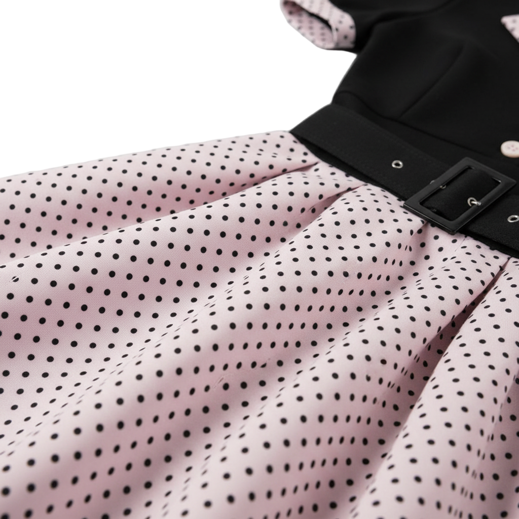 Women's 1950s Polka Dot Patchwork Lapel Collar Belted A-Line Rockabilly Dress