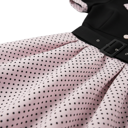 Women's 1950s Polka Dot Patchwork Lapel Collar Belted A-Line Rockabilly Dress