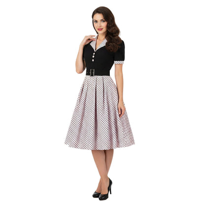Women's 1950s Polka Dot Patchwork Lapel Collar Belted A-Line Rockabilly Dress