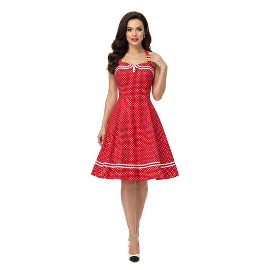 Women's 1950s Red Polka Dot Halter Neck Flare A-Line Dress