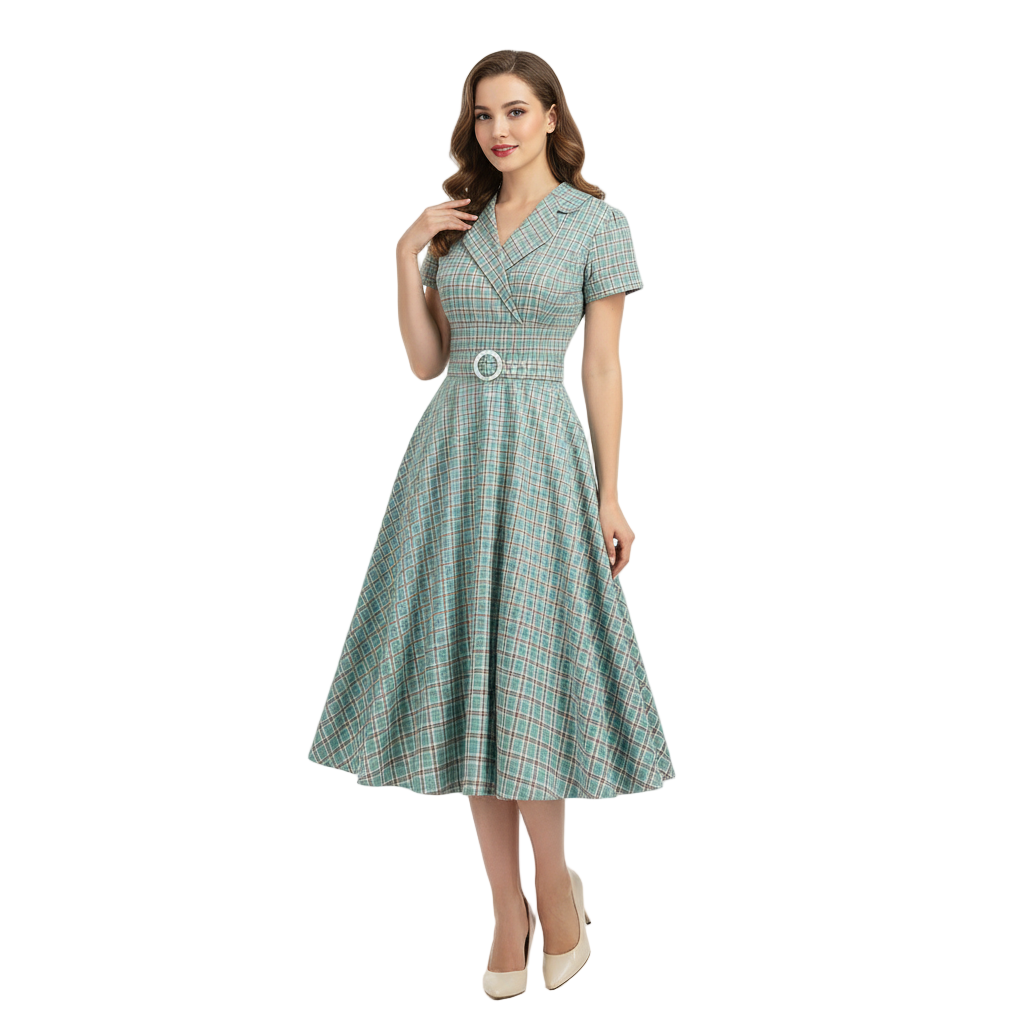 Women's 1950s Plaid Checkered Lapel Collar Swing Dress