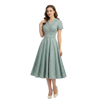 Women's 1950s Plaid Checkered Lapel Collar Swing Dress
