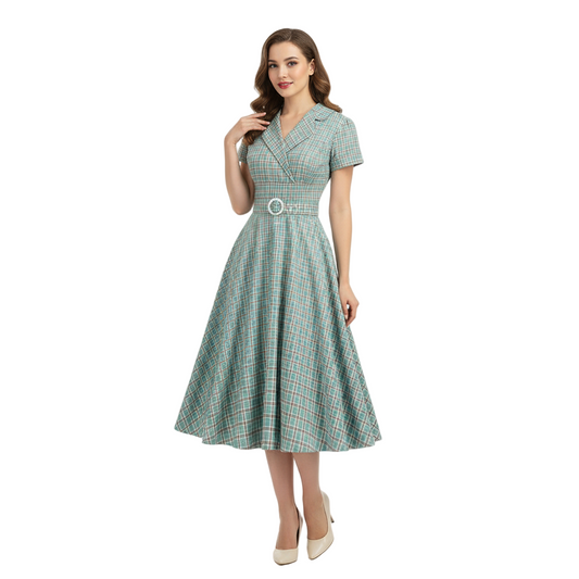 Women's 1950s Plaid Checkered Lapel Collar Swing Dress