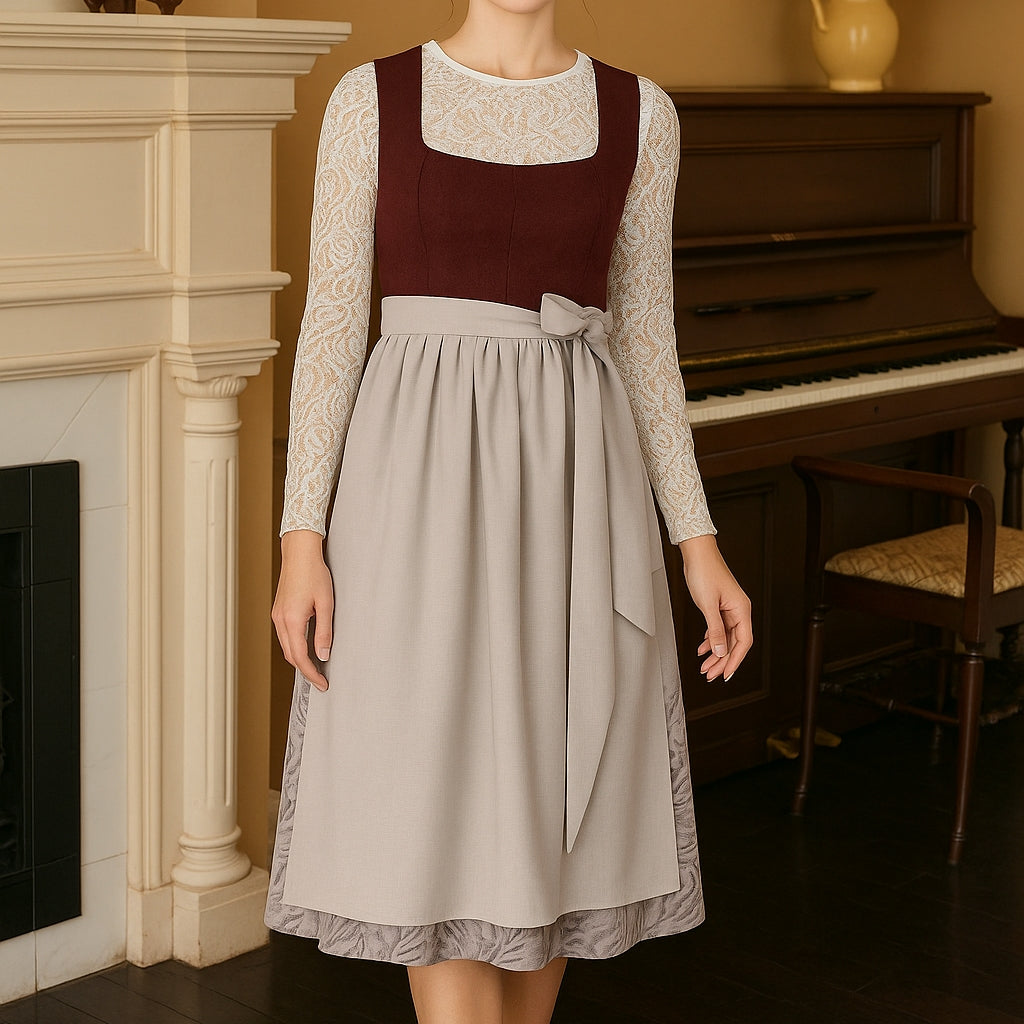 Oktoberfest Classic Wine Red Long Dirndl with Apron