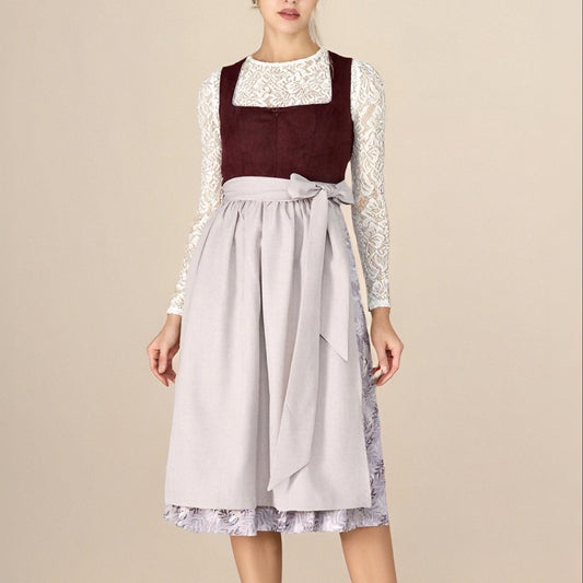 Oktoberfest Classic Wine Red Long Dirndl with Apron