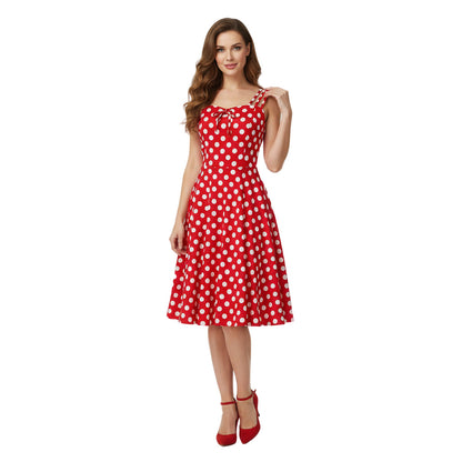 Women's 1950s Polka Dot Spaghetti Strap Bow A-Line Rockabilly Dress