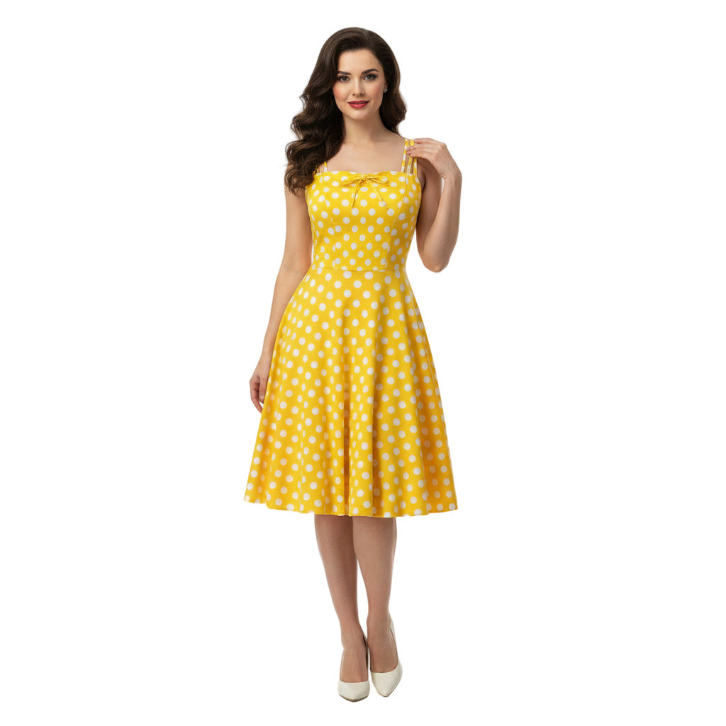 Women's 1950s Polka Dot Spaghetti Strap Bow A-Line Rockabilly Dress