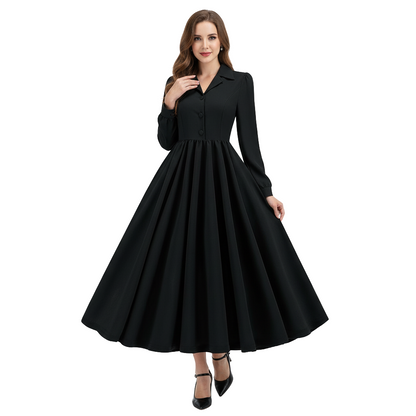 Women's 1950s Solid Color Lapel Collar Long Sleeve Flare Dress