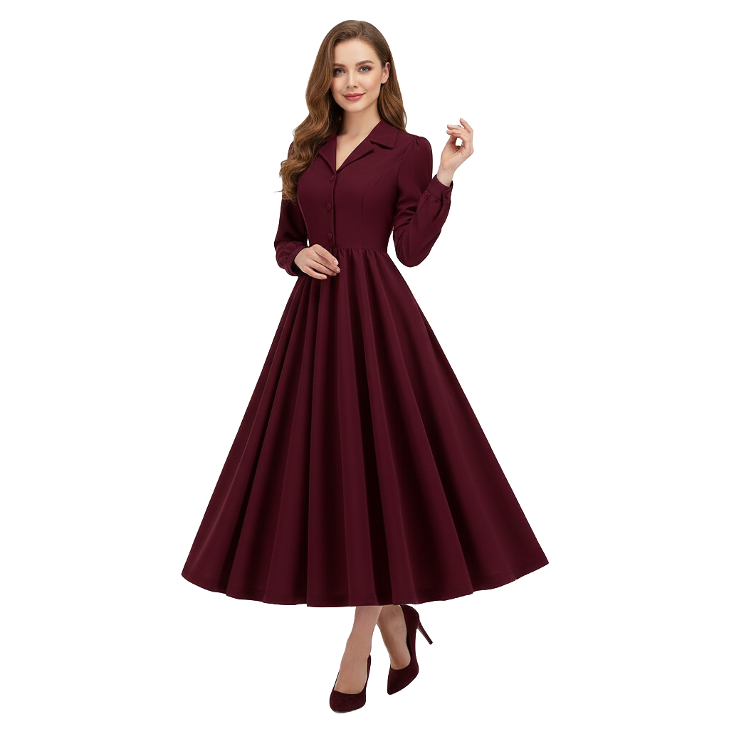 Women's 1950s Solid Color Lapel Collar Long Sleeve Flare Dress