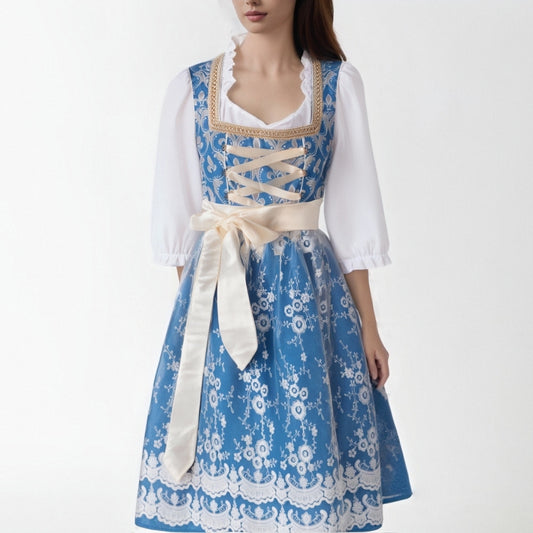 Oktoberfest Costume Blue Dirndl Dress with Blouse and Lace Apron