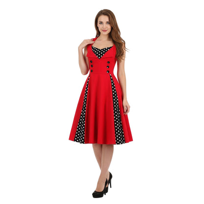 Women's 1950s Polka Dot Patchwork Lapel Collar Sleeveless A-Line Rockabilly Dress