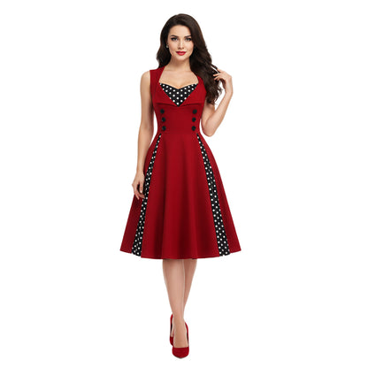 Women's 1950s Polka Dot Patchwork Lapel Collar Sleeveless A-Line Rockabilly Dress
