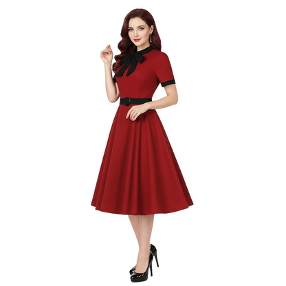 Women's 1950s Red Bow Tie Neck Short Sleeve Swing Dress