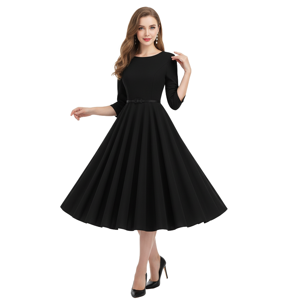 Women's 1950s Solid Color Round Neck 3/4 Sleeve Flare Dress