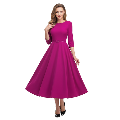 Women's 1950s Solid Color Round Neck 3/4 Sleeve Flare Dress
