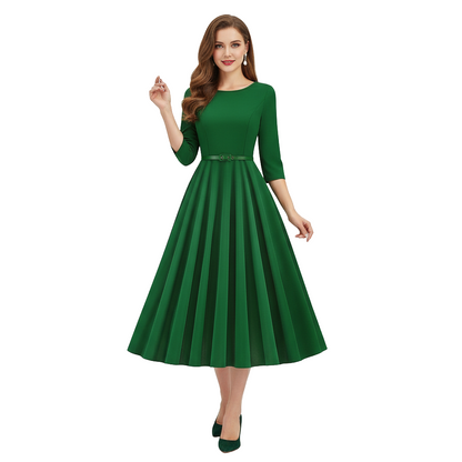 Women's 1950s Solid Color Round Neck 3/4 Sleeve Flare Dress