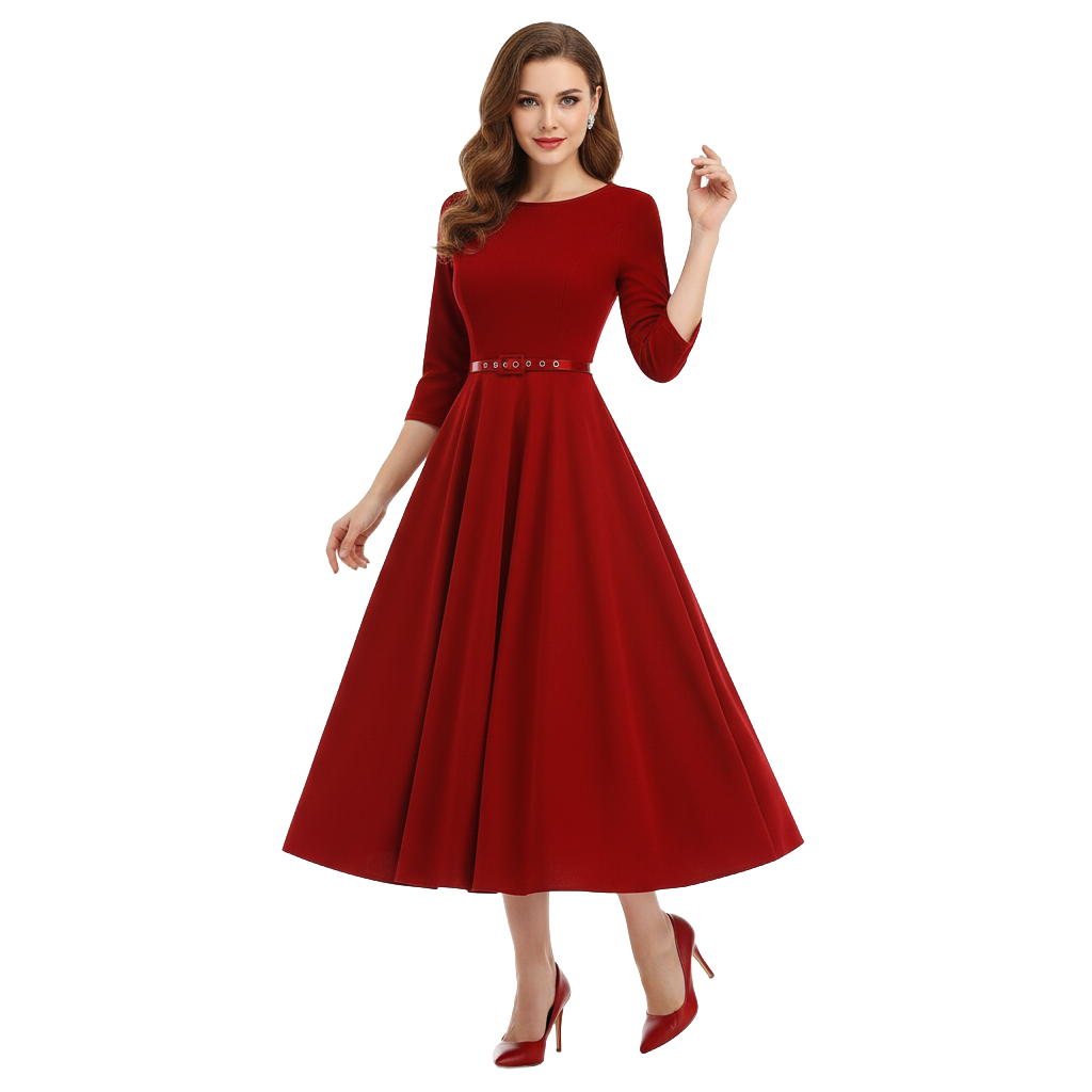 Women's 1950s Solid Color Round Neck 3/4 Sleeve Flare Dress