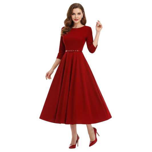 Women's 1950s Solid Color Round Neck 3/4 Sleeve Flare Dress