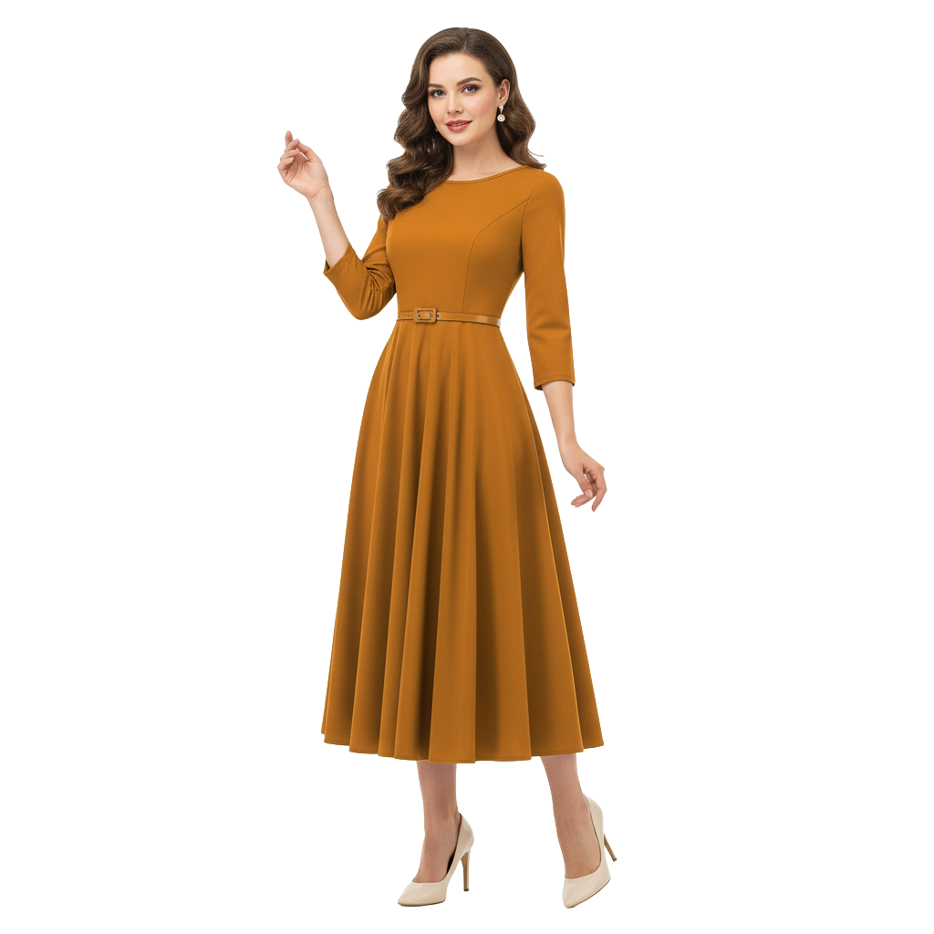 Women's 1950s Solid Color Round Neck 3/4 Sleeve Flare Dress