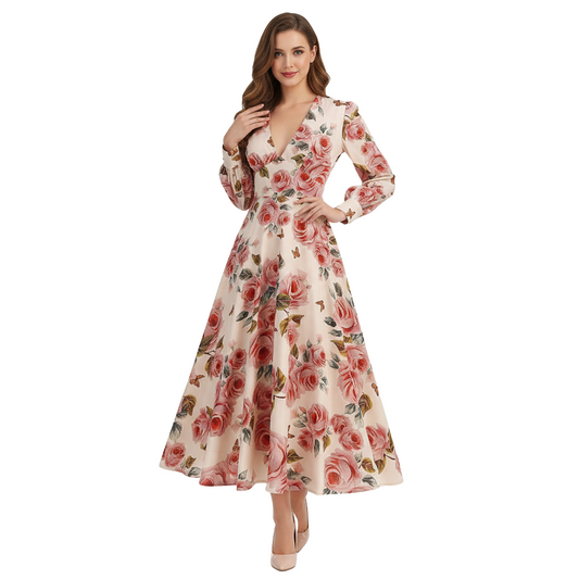 Women's 1950s Pink Rose Floral V-Neck Long Sleeve Flare Dress
