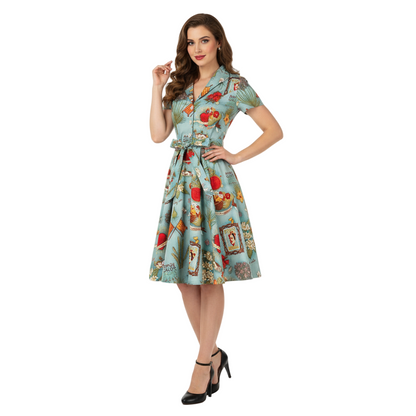 Women's 1950s Tropical Pin-up Print Lapel Collar Swing Dress