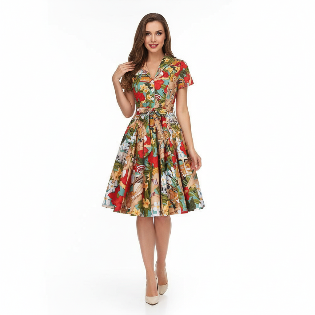 Women's 1950s Tropical Pin-up Print Lapel Collar Swing Dress