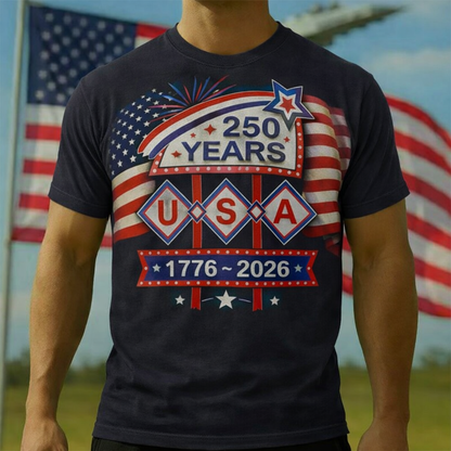 Men's American 250th American Flag 1776-2026 Patriotic Retro Printed T-shirt