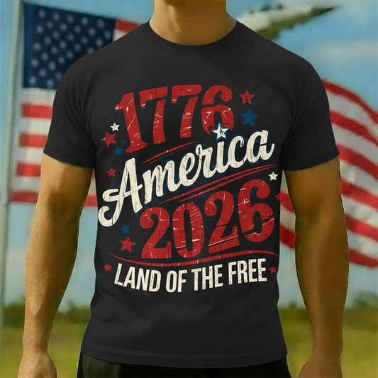 Men's American 250th 1776-2026 Land of the Free Distressed Graphic T-shirt