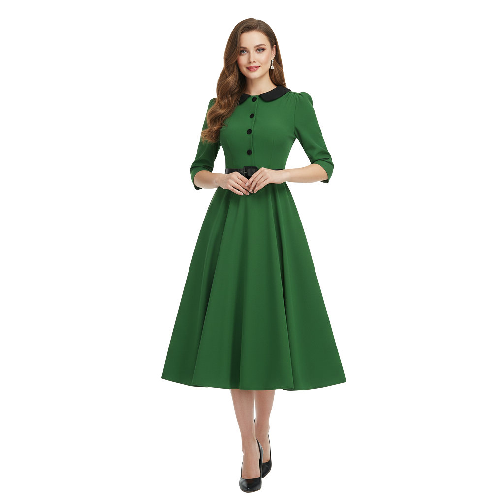 Women's 1950s Peter Pan Collar Half Sleeve A-Line Dress