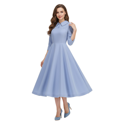Women's 1950s Solid Color Peter Pan Collar Long Sleeve Flare Dress