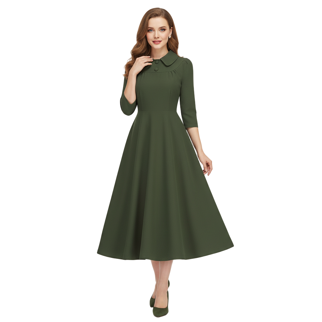 Women's 1950s Solid Color Peter Pan Collar Long Sleeve Flare Dress