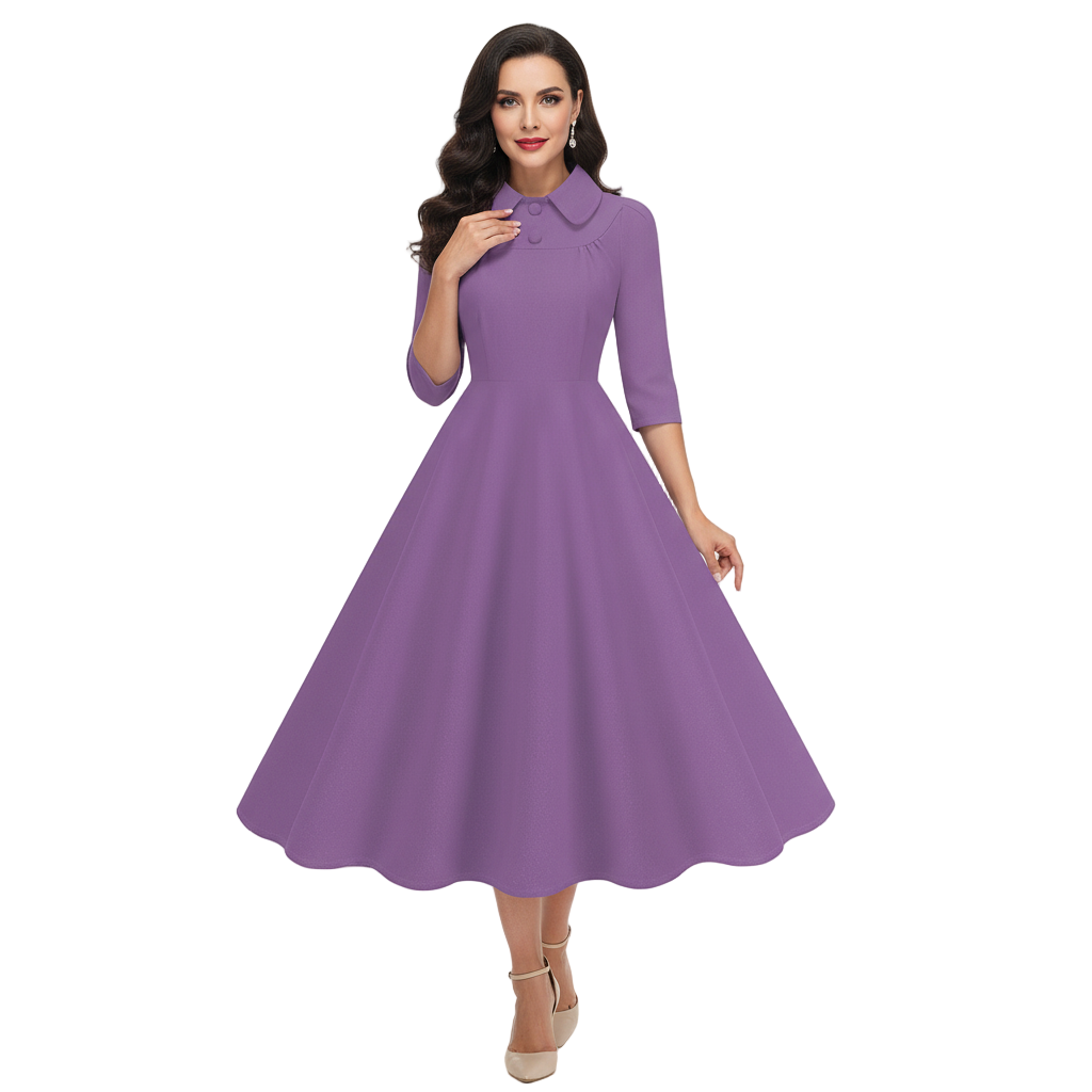 Women's 1950s Solid Color Peter Pan Collar Long Sleeve Flare Dress