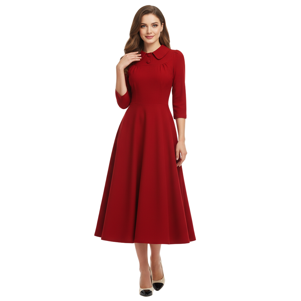 Women's 1950s Solid Color Peter Pan Collar Long Sleeve Flare Dress