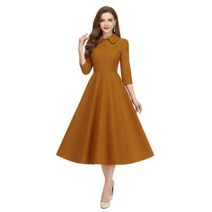 Women's 1950s Solid Color Peter Pan Collar Long Sleeve Flare Dress