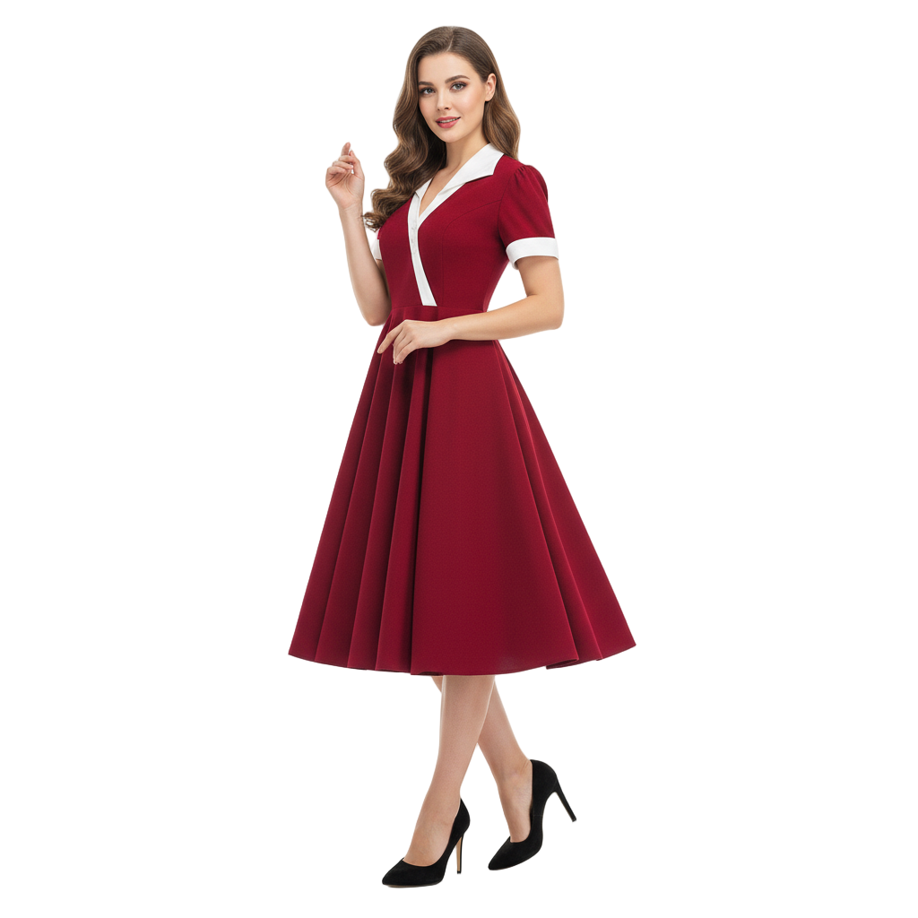 Women's 1950s Red Lapel Collar Short Sleeve Swing Dress