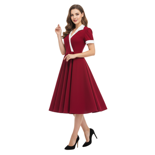 Women's 1950s Red Lapel Collar Short Sleeve Swing Dress