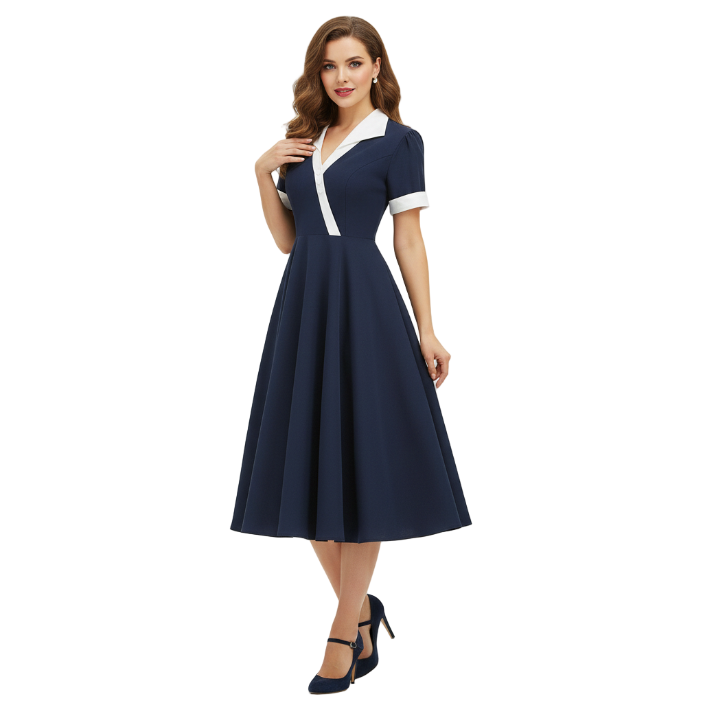 Women's 1950s Red Lapel Collar Short Sleeve Swing Dress