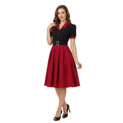 Women's 1950s Polka Dot Patchwork Lapel Collar Belted A-Line Rockabilly Dress