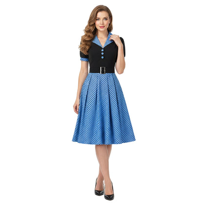 Women's 1950s Polka Dot Patchwork Lapel Collar Belted A-Line Rockabilly Dress
