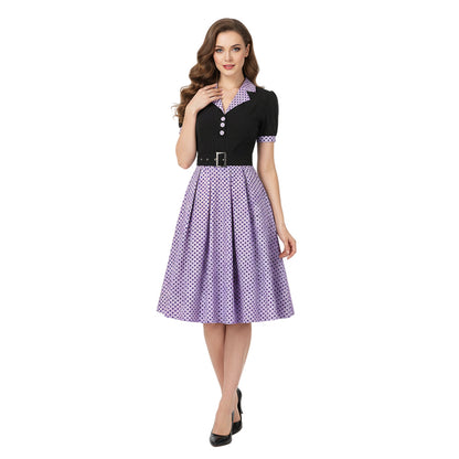 Women's 1950s Polka Dot Patchwork Lapel Collar Belted A-Line Rockabilly Dress