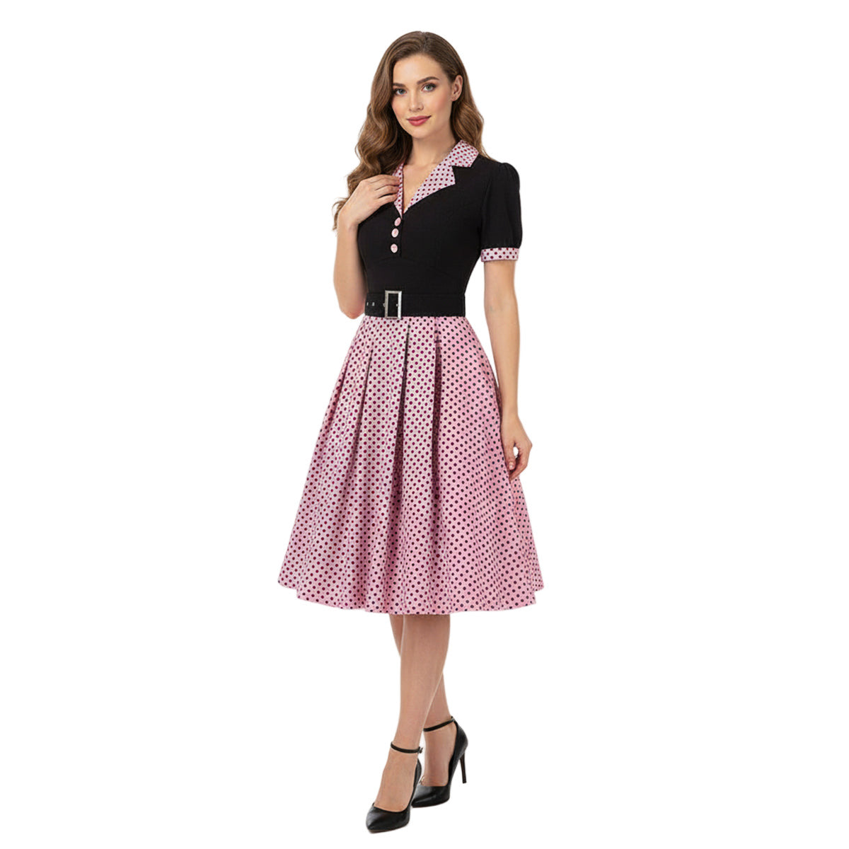 Women's 1950s Polka Dot Patchwork Lapel Collar Belted A-Line Rockabilly Dress